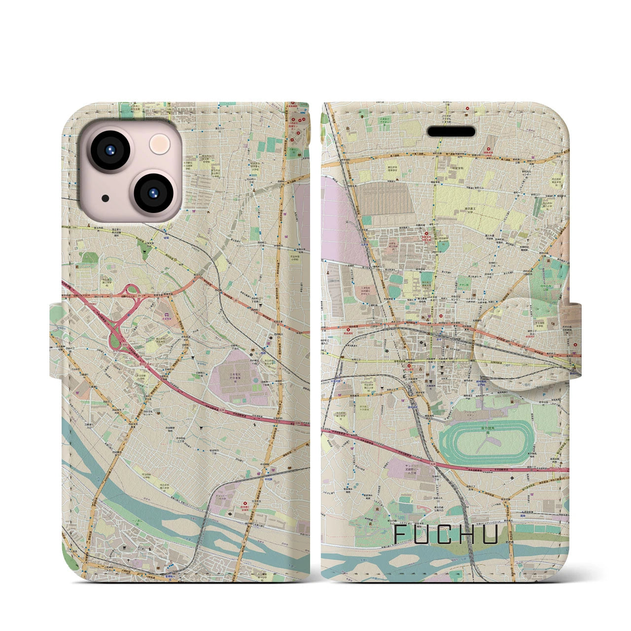 【府中】地図柄iPhoneケース（手帳両面タイプ・ナチュラル）iPhone 13 mini 用