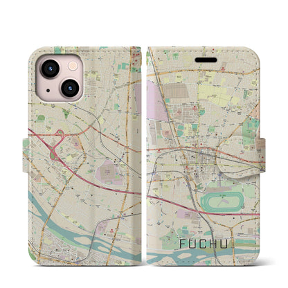 【府中（東京都）】地図柄iPhoneケース（手帳タイプ）ナチュラル・iPhone 13 mini 用