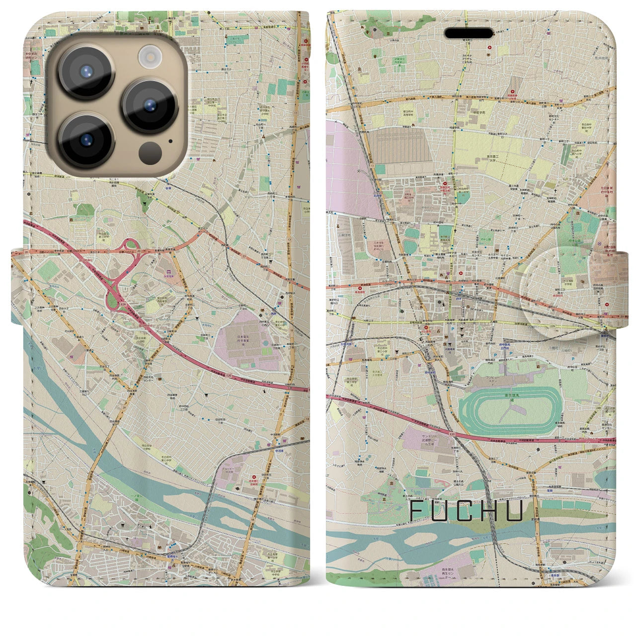 【府中】地図柄iPhoneケース（手帳両面タイプ・ナチュラル）iPhone 14 Pro Max 用
