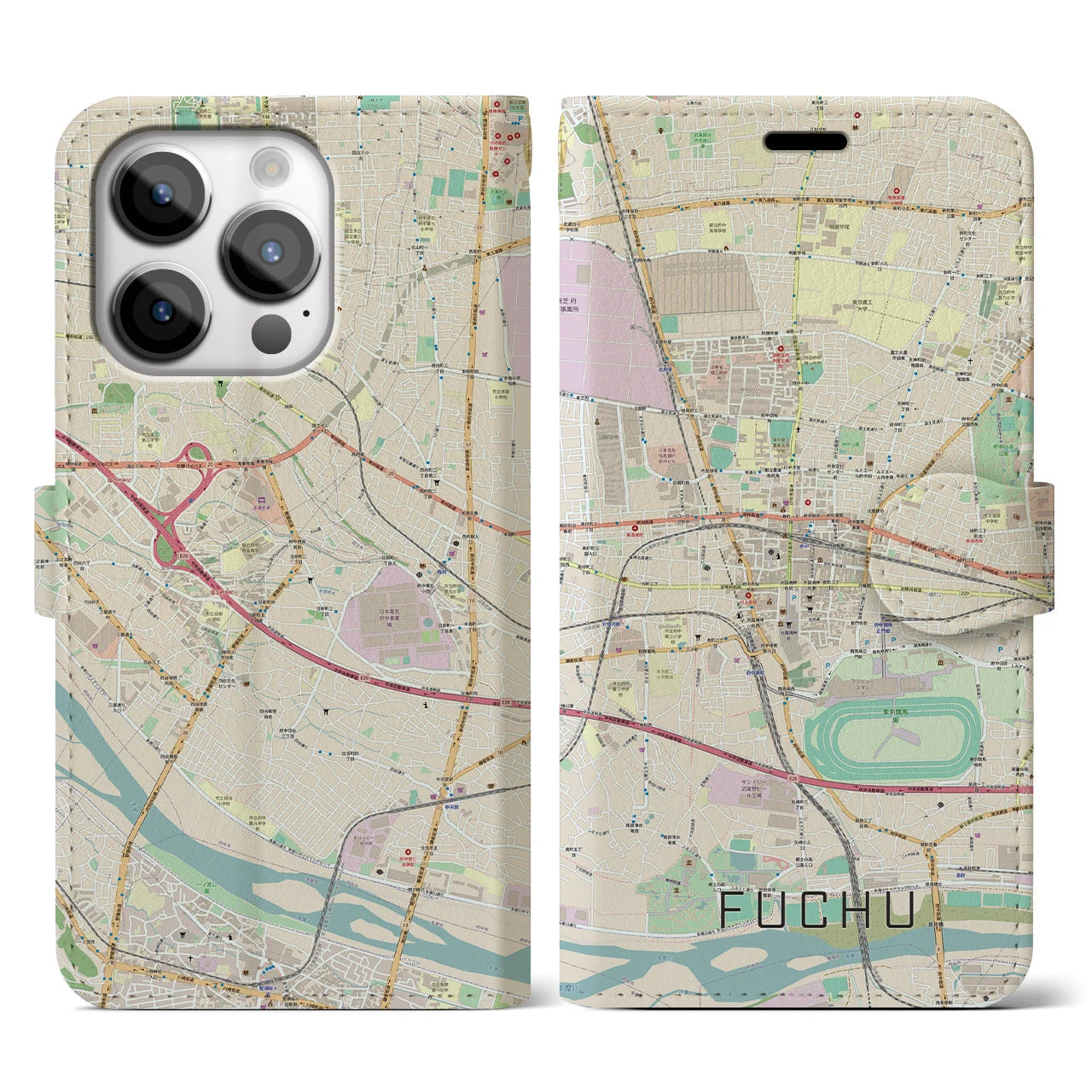 【府中】地図柄iPhoneケース（手帳両面タイプ・ナチュラル）iPhone 14 Pro 用