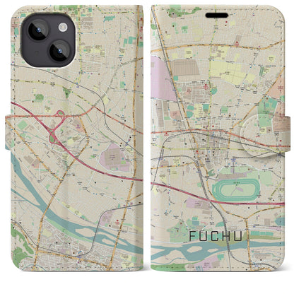 【府中（東京都）】地図柄iPhoneケース（手帳タイプ）ナチュラル・iPhone 14 Plus 用