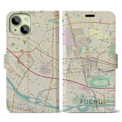 【府中（東京都）】地図柄iPhoneケース（手帳タイプ）ナチュラル・iPhone 15 用