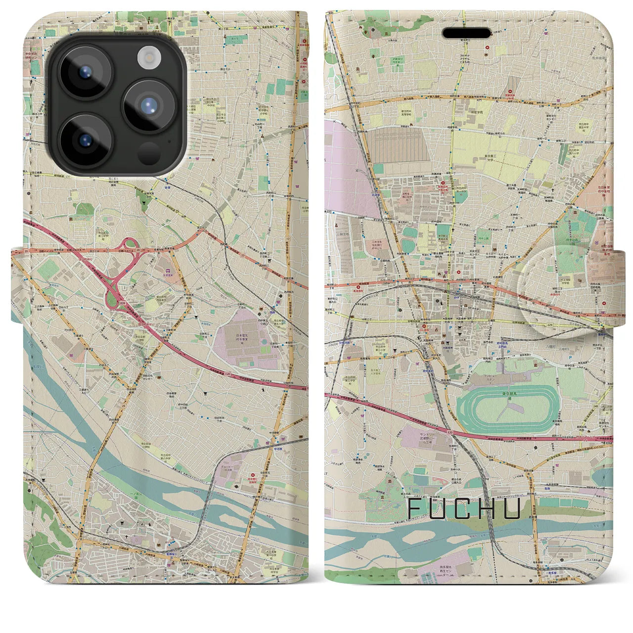 【府中】地図柄iPhoneケース（手帳両面タイプ・ナチュラル）iPhone 15 Pro Max 用