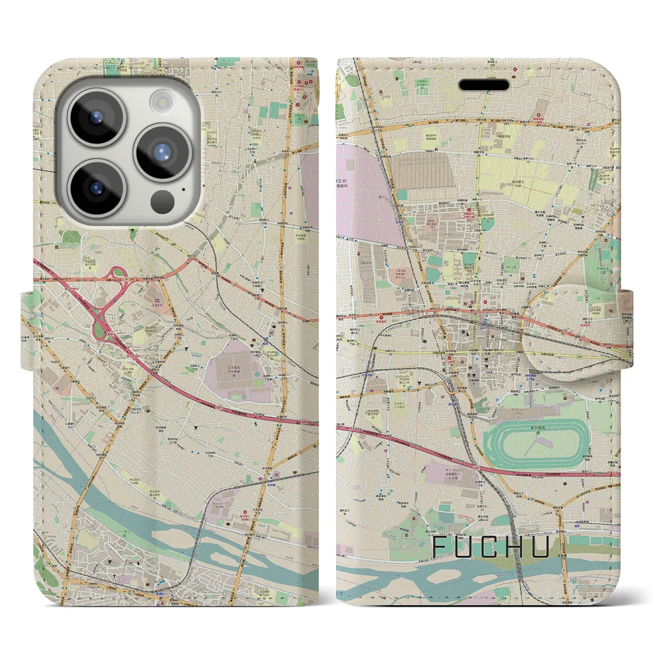 【府中】地図柄iPhoneケース（手帳両面タイプ・ナチュラル）iPhone 15 Pro 用