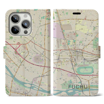 【府中（東京都）】地図柄iPhoneケース（手帳タイプ）ナチュラル・iPhone 15 Pro 用