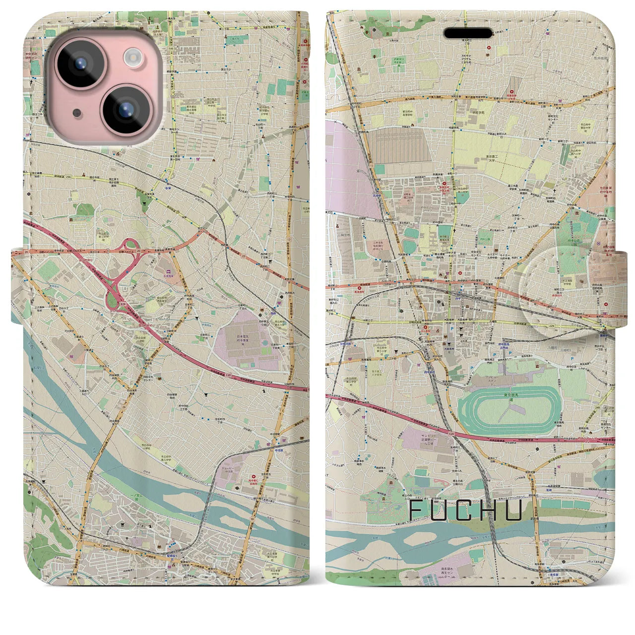【府中】地図柄iPhoneケース（手帳両面タイプ・ナチュラル）iPhone 15 Plus 用