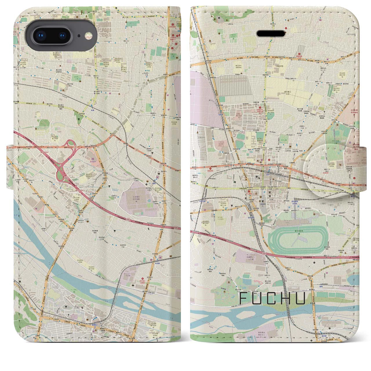 【府中】地図柄iPhoneケース（手帳両面タイプ・ナチュラル）iPhone 8Plus /7Plus / 6sPlus / 6Plus 用