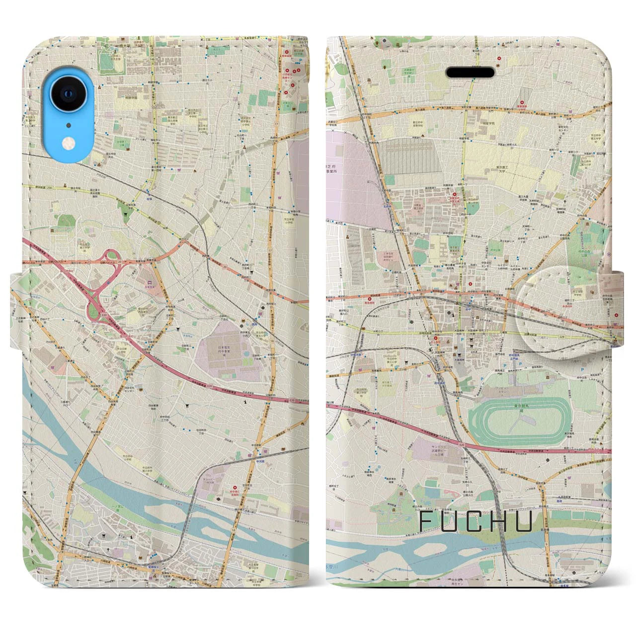 【府中】地図柄iPhoneケース（手帳両面タイプ・ナチュラル）iPhone XR 用