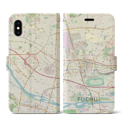 【府中（東京都）】地図柄iPhoneケース（手帳タイプ）ナチュラル・iPhone XS / X 用