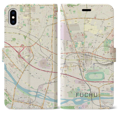【府中（東京都）】地図柄iPhoneケース（手帳タイプ）ナチュラル・iPhone XS Max 用