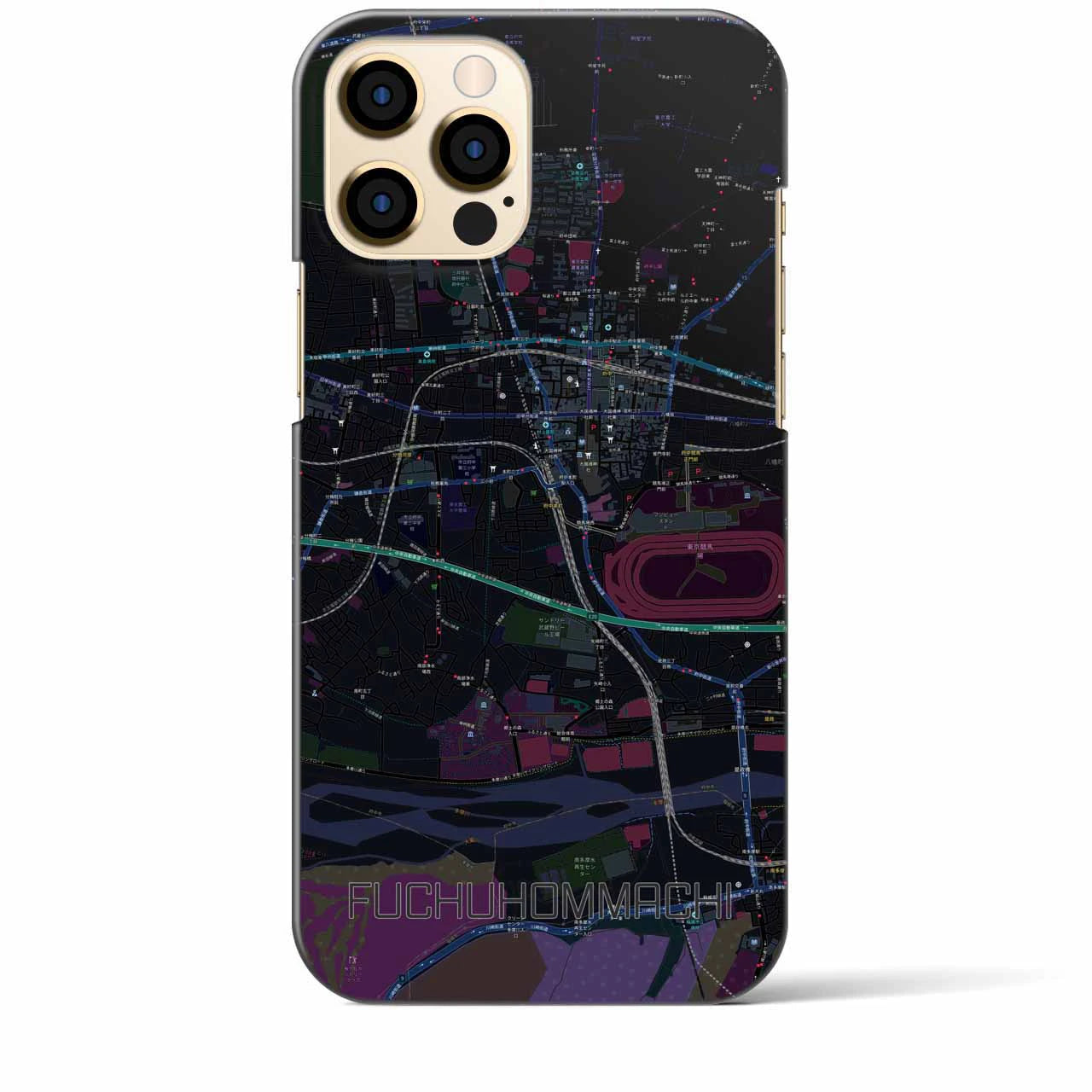 【府中本町】地図柄iPhoneケース（バックカバータイプ・ブラック）iPhone 12 Pro Max 用