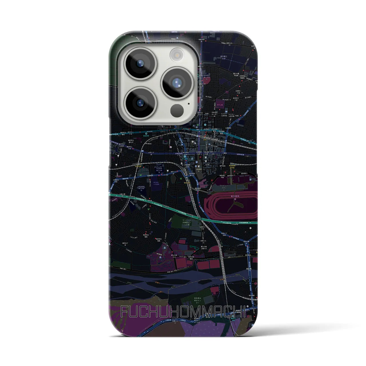 【府中本町】地図柄iPhoneケース（バックカバータイプ・ブラック）iPhone 15 Pro 用