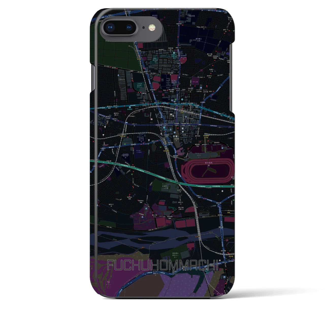 【府中本町】地図柄iPhoneケース（バックカバータイプ・ブラック）iPhone 8Plus /7Plus / 6sPlus / 6Plus 用