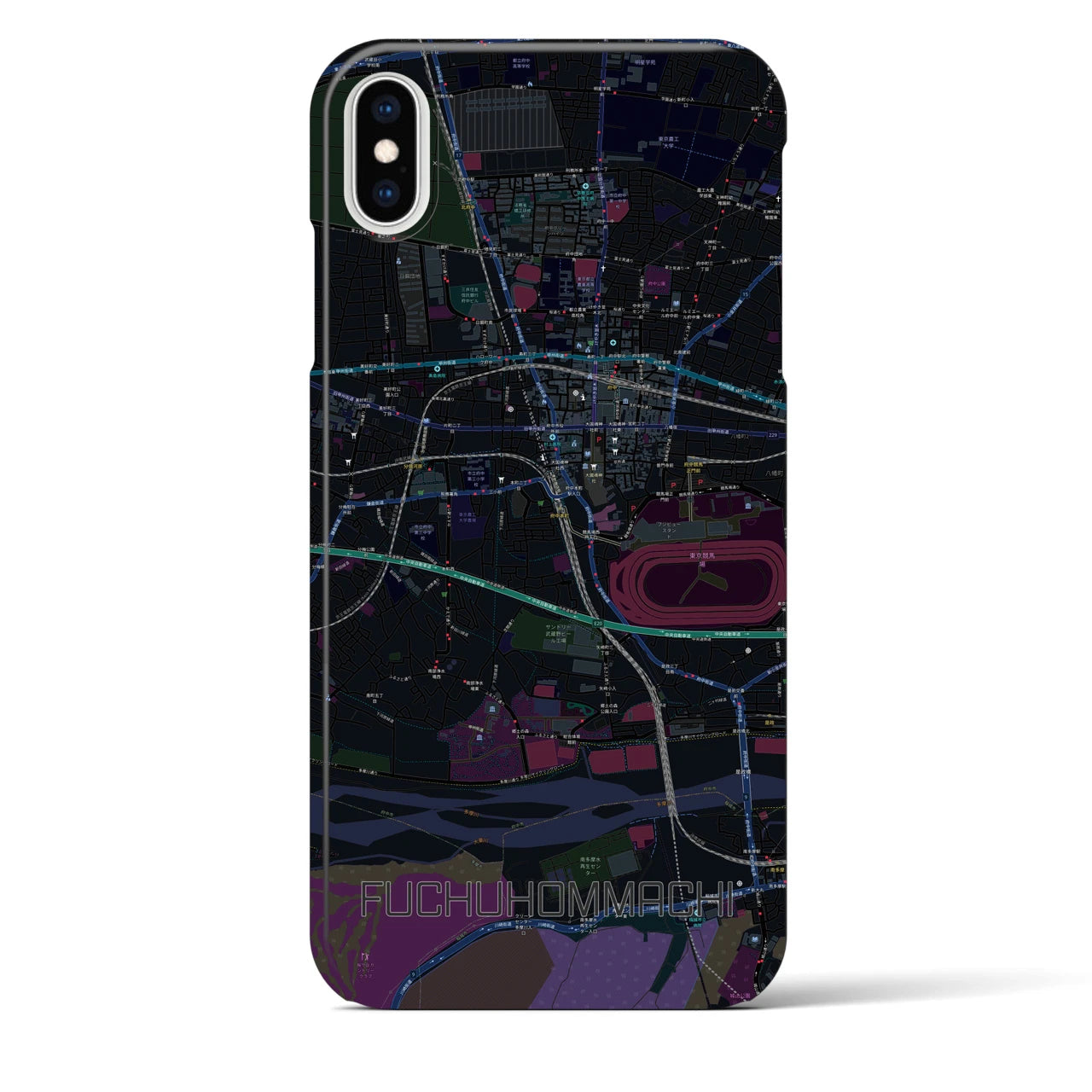 【府中本町】地図柄iPhoneケース（バックカバータイプ・ブラック）iPhone XS Max 用