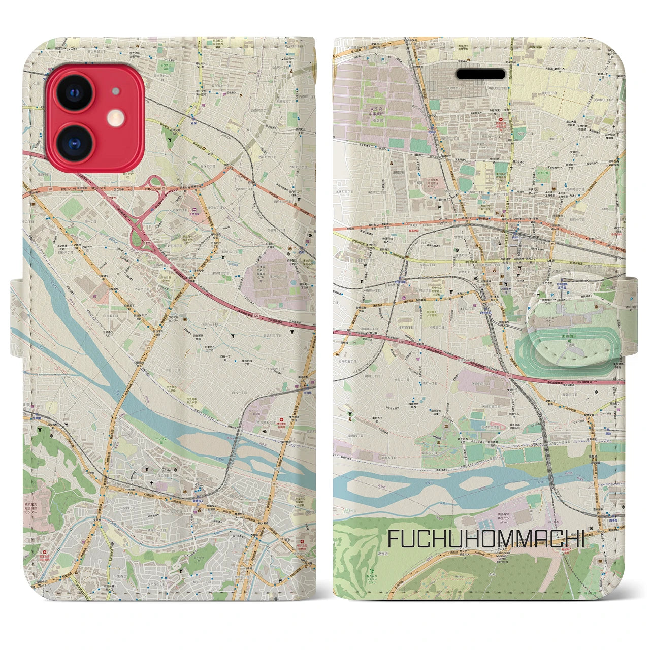 【府中本町】地図柄iPhoneケース（手帳両面タイプ・ナチュラル）iPhone 11 用