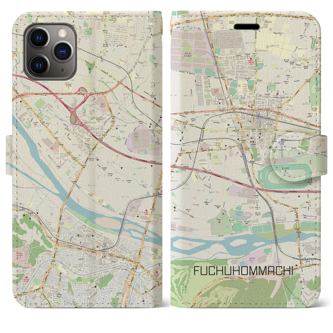 【府中本町】地図柄iPhoneケース（手帳両面タイプ・ナチュラル）iPhone 11 Pro Max 用