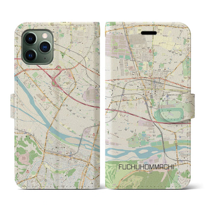 【府中本町（東京都）】地図柄iPhoneケース（手帳タイプ）ナチュラル・iPhone 11 Pro 用
