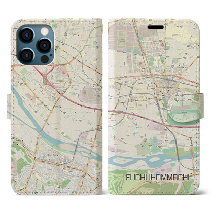 【府中本町（東京都）】地図柄iPhoneケース（手帳タイプ）ナチュラル・iPhone 12 / 12 Pro 用