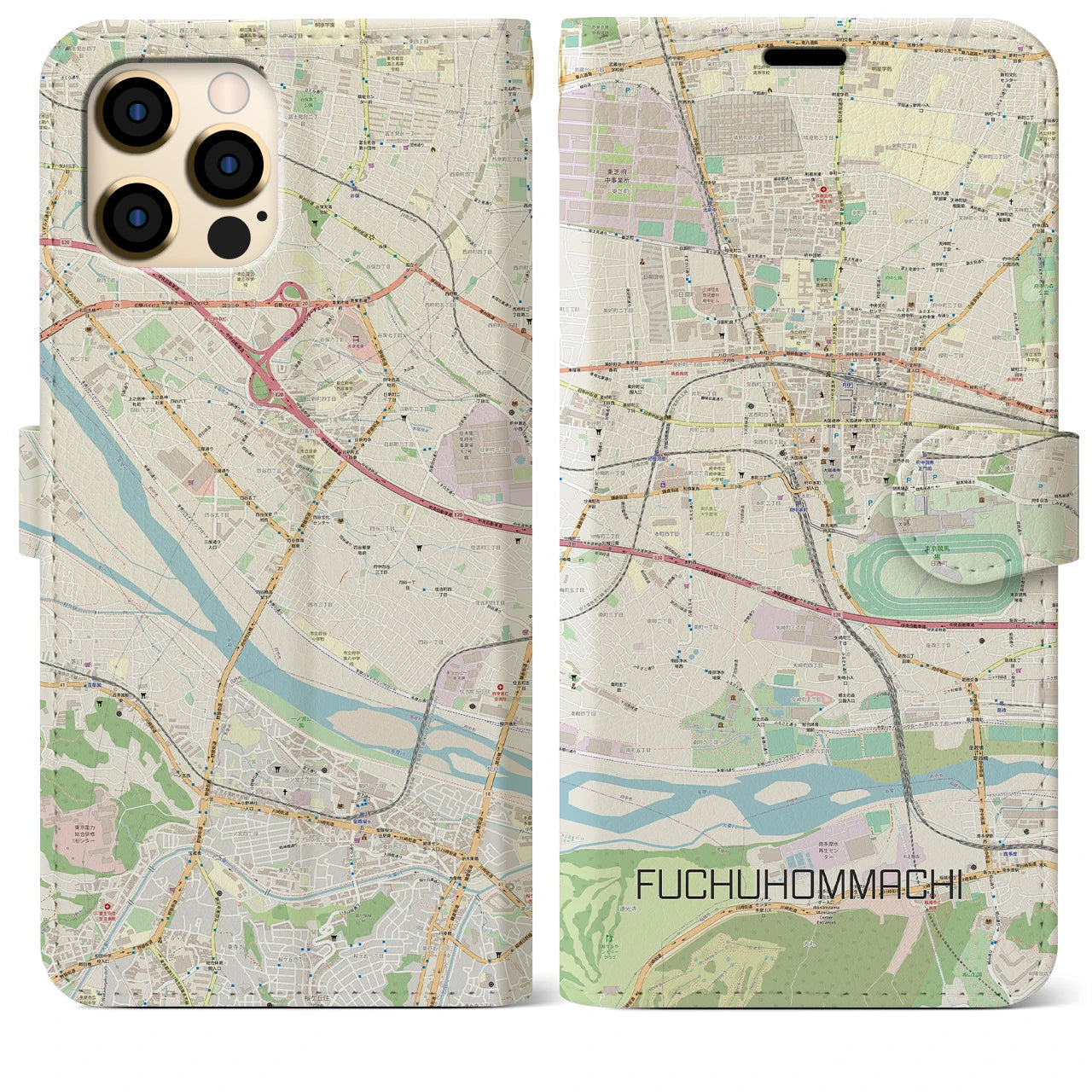 【府中本町】地図柄iPhoneケース（手帳両面タイプ・ナチュラル）iPhone 12 Pro Max 用