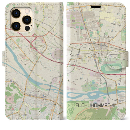 【府中本町（東京都）】地図柄iPhoneケース（手帳タイプ）ナチュラル・iPhone 12 Pro Max 用