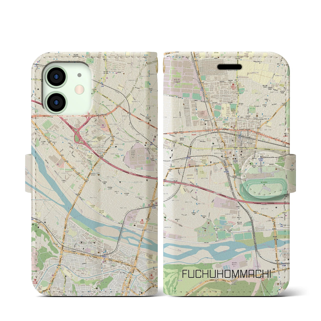 【府中本町】地図柄iPhoneケース（手帳両面タイプ・ナチュラル）iPhone 12 mini 用