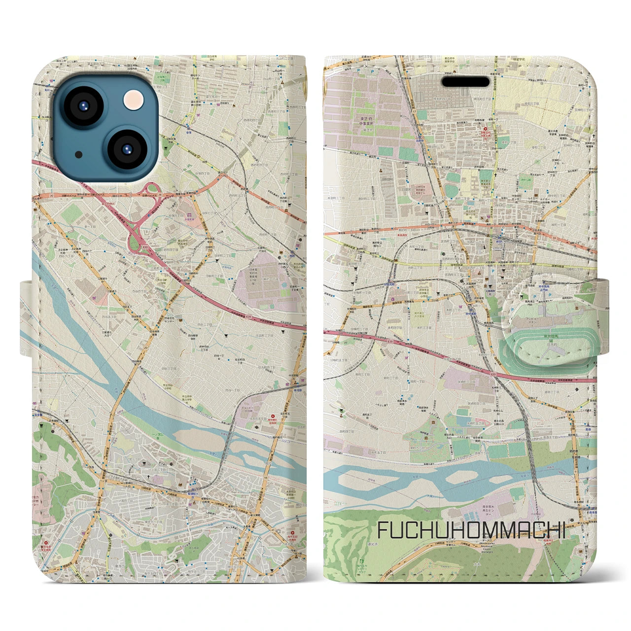 【府中本町】地図柄iPhoneケース（手帳両面タイプ・ナチュラル）iPhone 13 用
