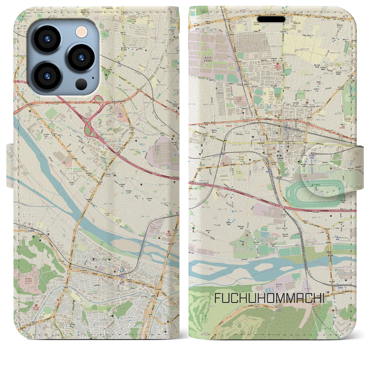 【府中本町】地図柄iPhoneケース（手帳両面タイプ・ナチュラル）iPhone 13 Pro Max 用