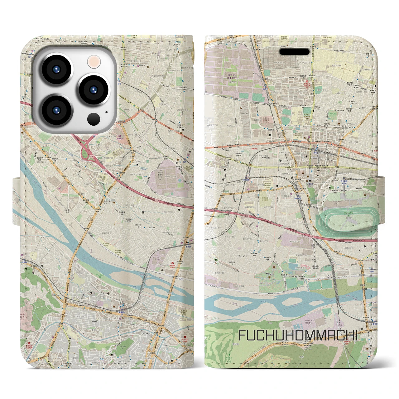 【府中本町】地図柄iPhoneケース（手帳両面タイプ・ナチュラル）iPhone 13 Pro 用