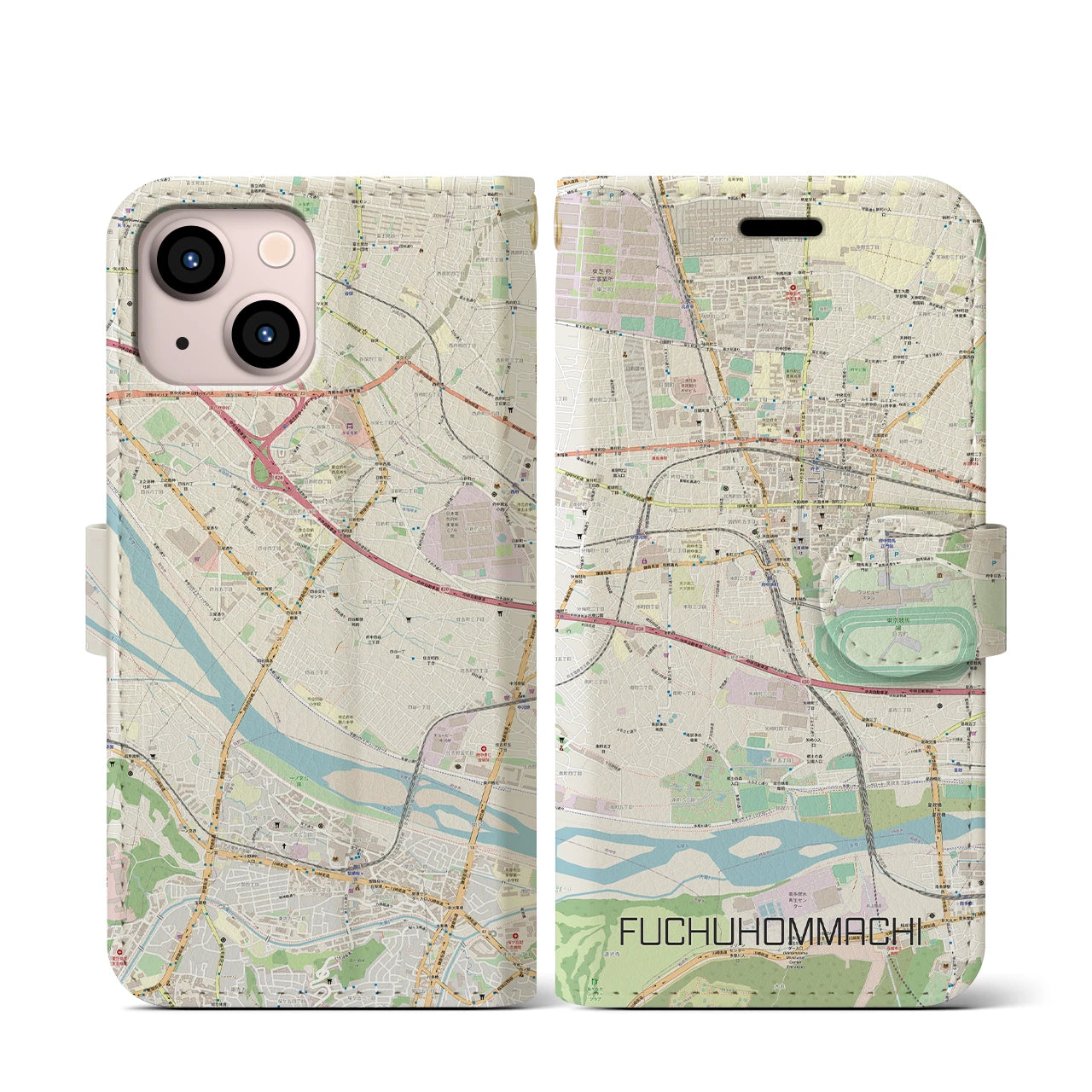 【府中本町】地図柄iPhoneケース（手帳両面タイプ・ナチュラル）iPhone 13 mini 用