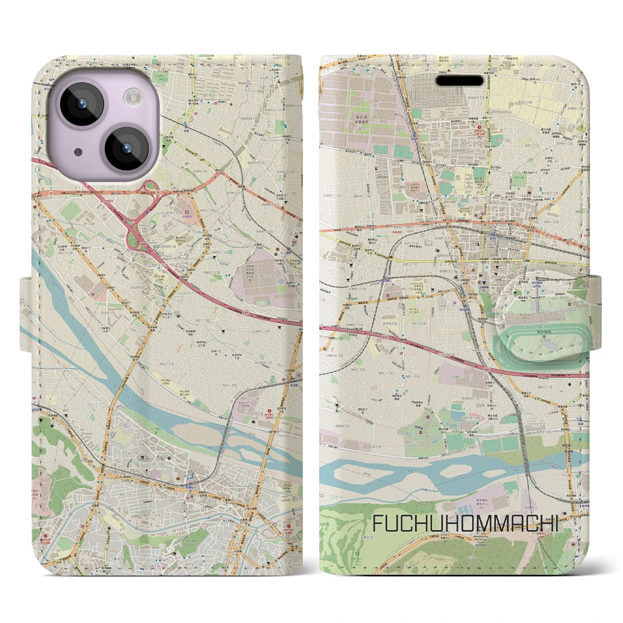 【府中本町】地図柄iPhoneケース（手帳両面タイプ・ナチュラル）iPhone 14 用