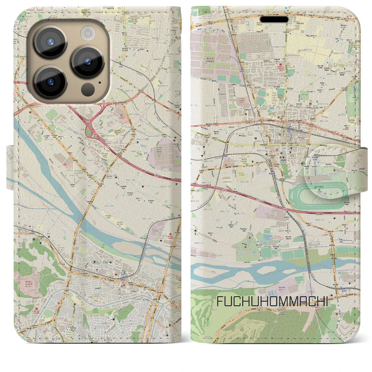 【府中本町】地図柄iPhoneケース（手帳両面タイプ・ナチュラル）iPhone 14 Pro Max 用