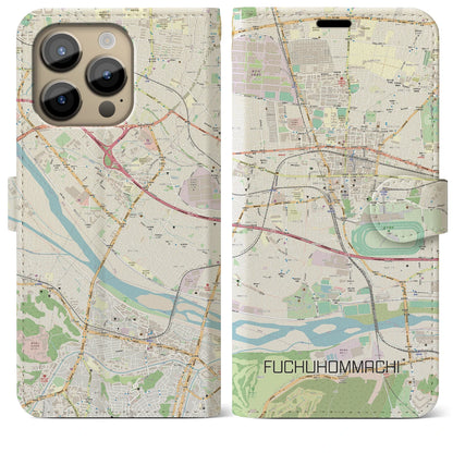 【府中本町（東京都）】地図柄iPhoneケース（手帳タイプ）ナチュラル・iPhone 14 Pro Max 用