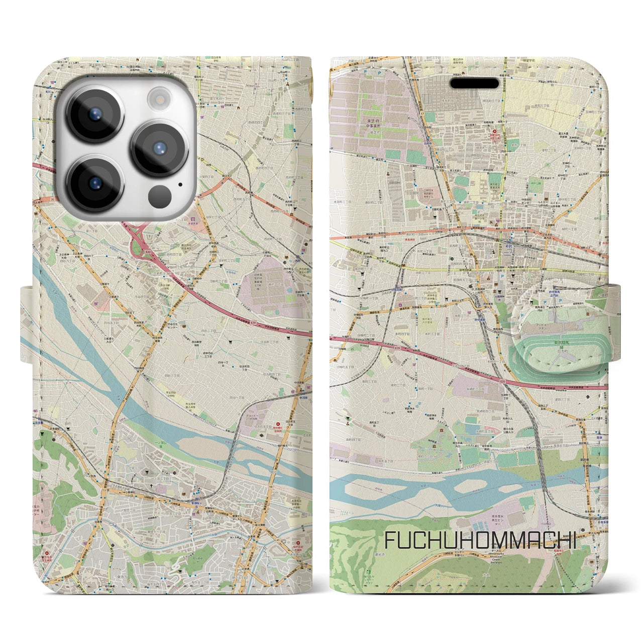 【府中本町】地図柄iPhoneケース（手帳両面タイプ・ナチュラル）iPhone 14 Pro 用