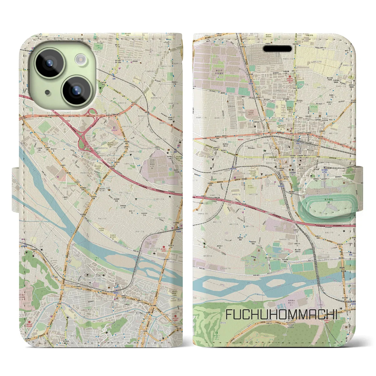 【府中本町】地図柄iPhoneケース（手帳両面タイプ・ナチュラル）iPhone 15 用