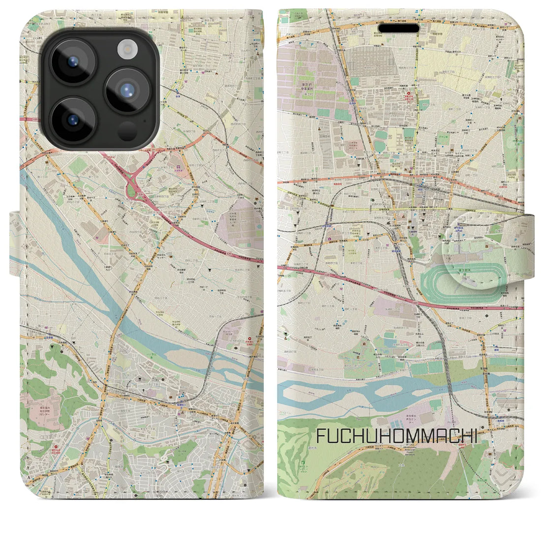 【府中本町】地図柄iPhoneケース（手帳両面タイプ・ナチュラル）iPhone 15 Pro Max 用