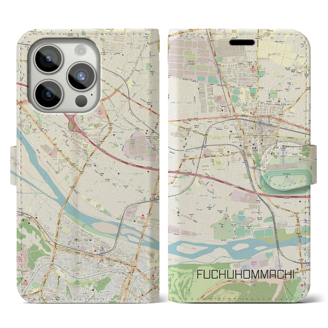 【府中本町】地図柄iPhoneケース（手帳両面タイプ・ナチュラル）iPhone 15 Pro 用