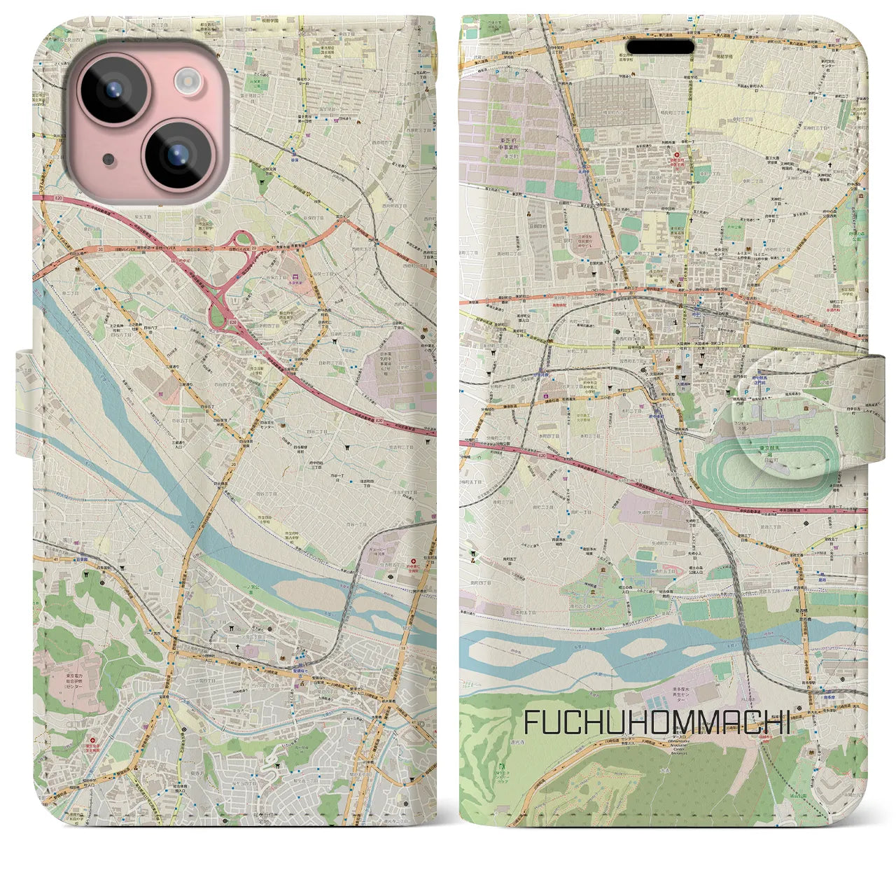 【府中本町】地図柄iPhoneケース（手帳両面タイプ・ナチュラル）iPhone 15 Plus 用