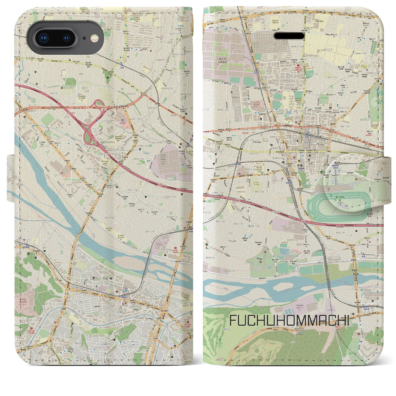 【府中本町】地図柄iPhoneケース（手帳両面タイプ・ナチュラル）iPhone 8Plus /7Plus / 6sPlus / 6Plus 用