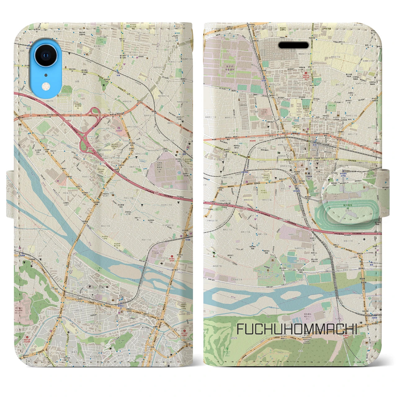 【府中本町】地図柄iPhoneケース（手帳両面タイプ・ナチュラル）iPhone XR 用