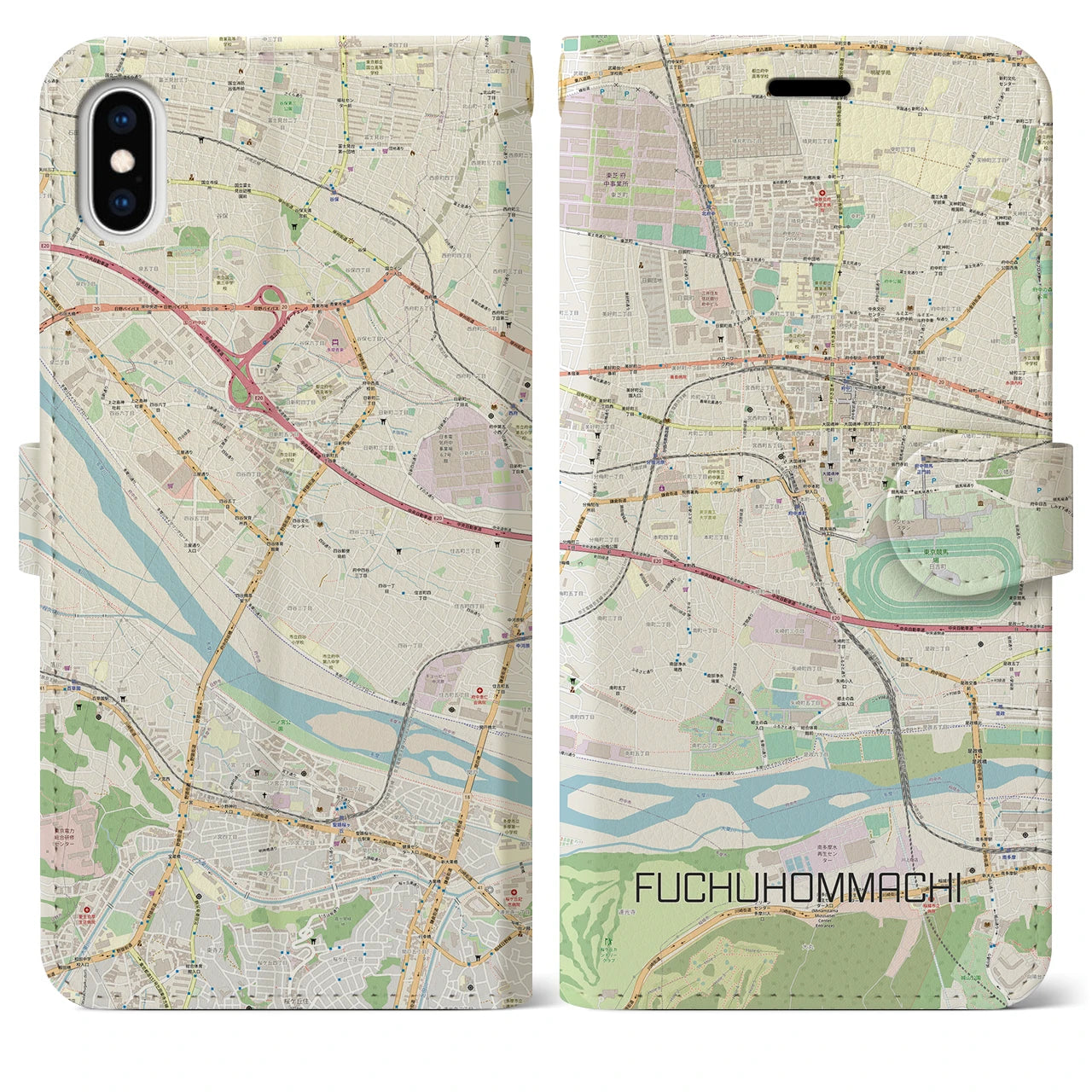 【府中本町】地図柄iPhoneケース（手帳両面タイプ・ナチュラル）iPhone XS Max 用