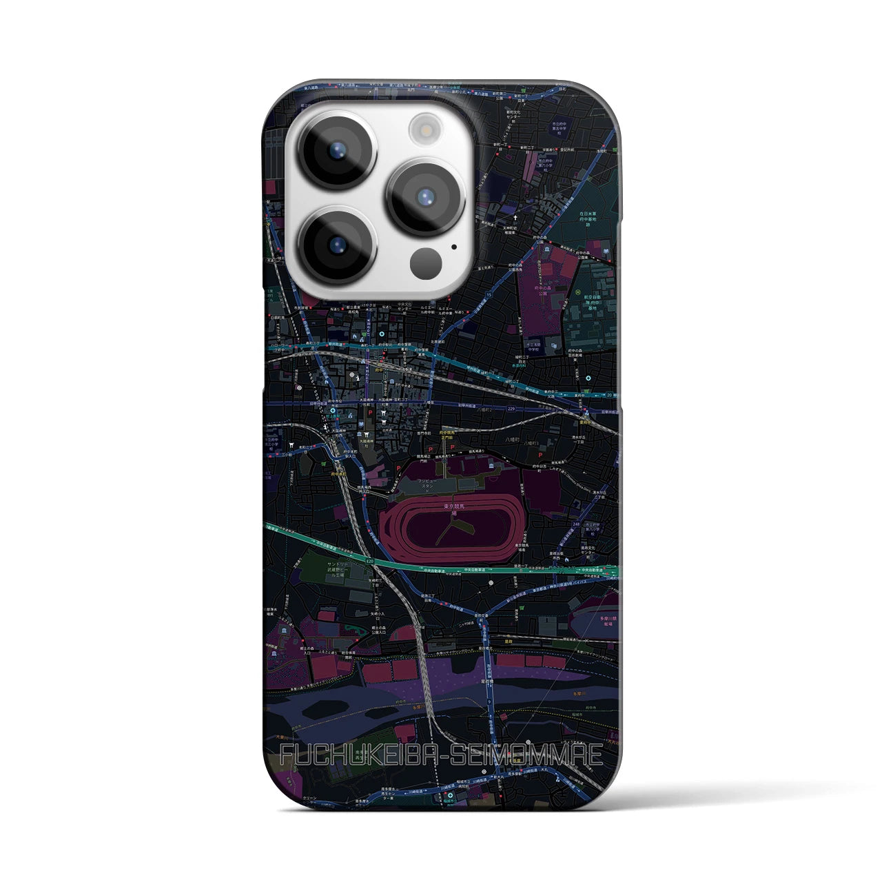 【府中競馬正門前】地図柄iPhoneケース（バックカバータイプ・ブラック）iPhone 14 Pro 用