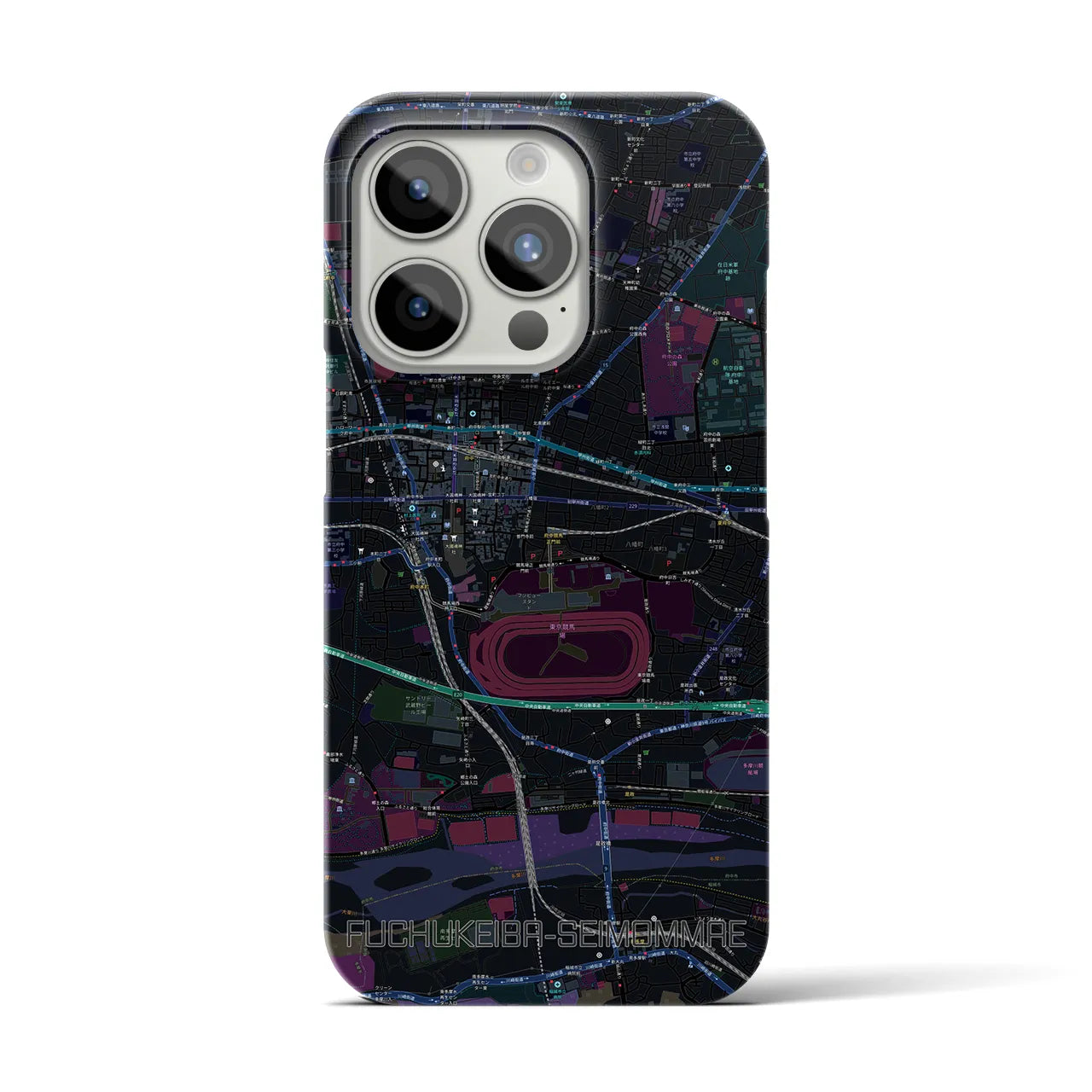 【府中競馬正門前】地図柄iPhoneケース（バックカバータイプ・ブラック）iPhone 15 Pro 用