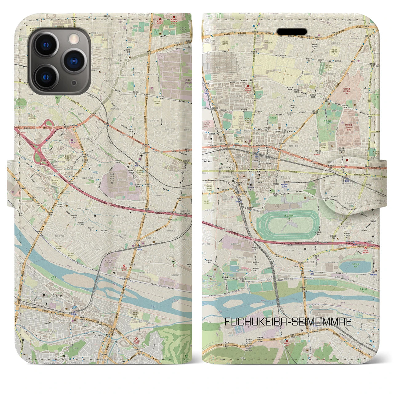 【府中競馬正門前】地図柄iPhoneケース（手帳両面タイプ・ナチュラル）iPhone 11 Pro Max 用