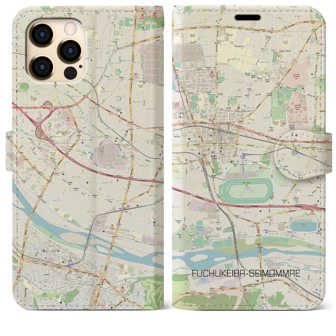 【府中競馬正門前】地図柄iPhoneケース（手帳両面タイプ・ナチュラル）iPhone 12 Pro Max 用