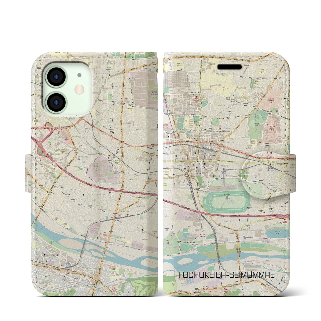 【府中競馬正門前】地図柄iPhoneケース（手帳両面タイプ・ナチュラル）iPhone 12 mini 用