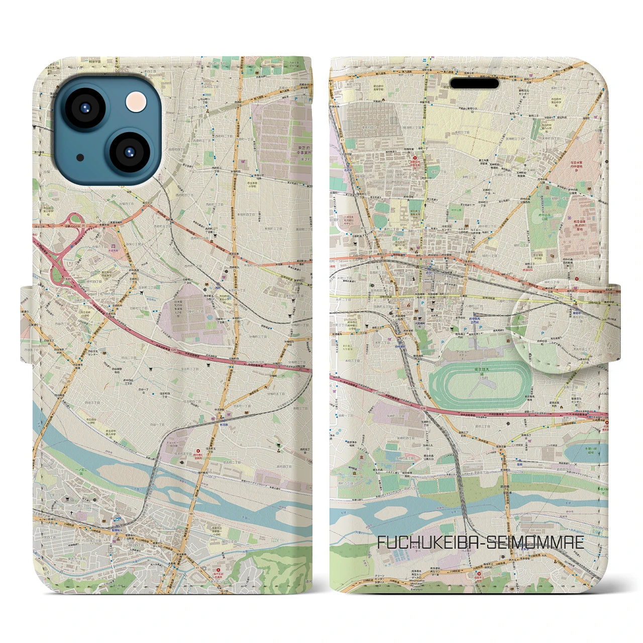 【府中競馬正門前】地図柄iPhoneケース（手帳両面タイプ・ナチュラル）iPhone 13 用