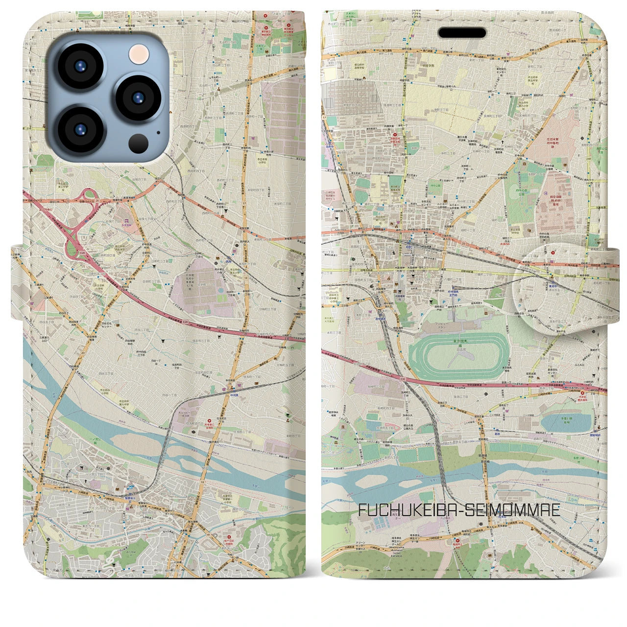 【府中競馬正門前】地図柄iPhoneケース（手帳両面タイプ・ナチュラル）iPhone 13 Pro Max 用