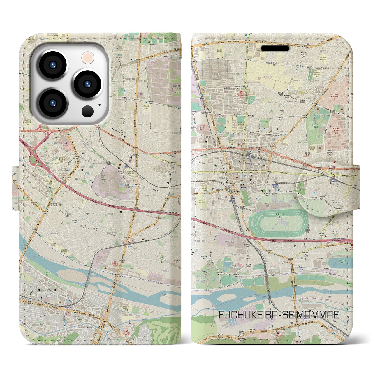 【府中競馬正門前】地図柄iPhoneケース（手帳両面タイプ・ナチュラル）iPhone 13 Pro 用