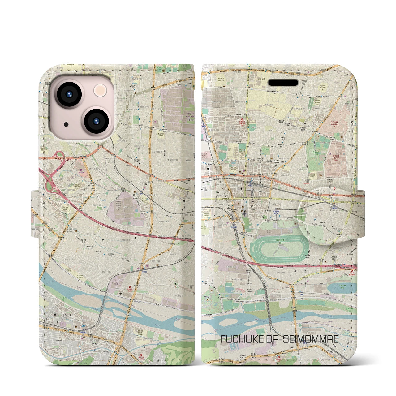 【府中競馬正門前】地図柄iPhoneケース（手帳両面タイプ・ナチュラル）iPhone 13 mini 用