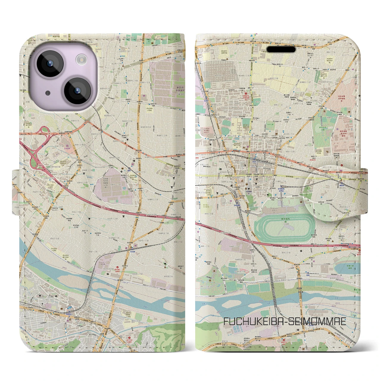 【府中競馬正門前】地図柄iPhoneケース（手帳両面タイプ・ナチュラル）iPhone 14 用